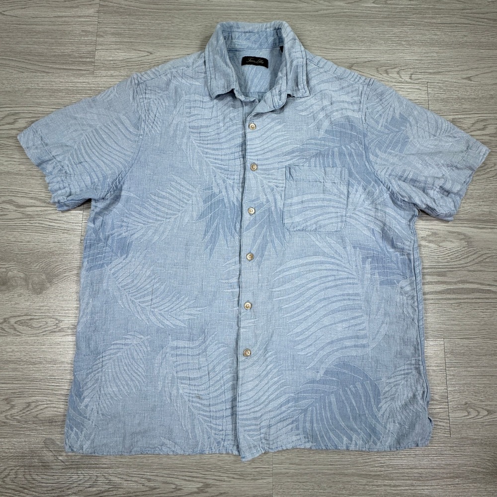 Tasso Elba Men's Shirt Silk Linen Blend Blue Large Tropical Leaf Short‎ Sleeve